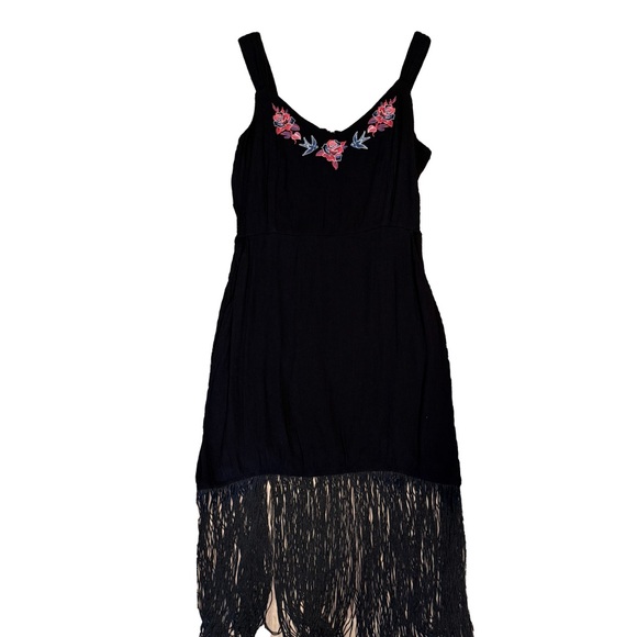 Idyllwind Black Embroidered Fringe Dress Rose & Bird Sleeveless Mini Size Medium - Picture 4 of 9